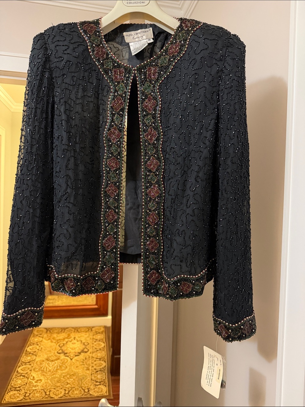 Papell Boutique Black Beaded Jacket with Green and Burgundy Trim size M